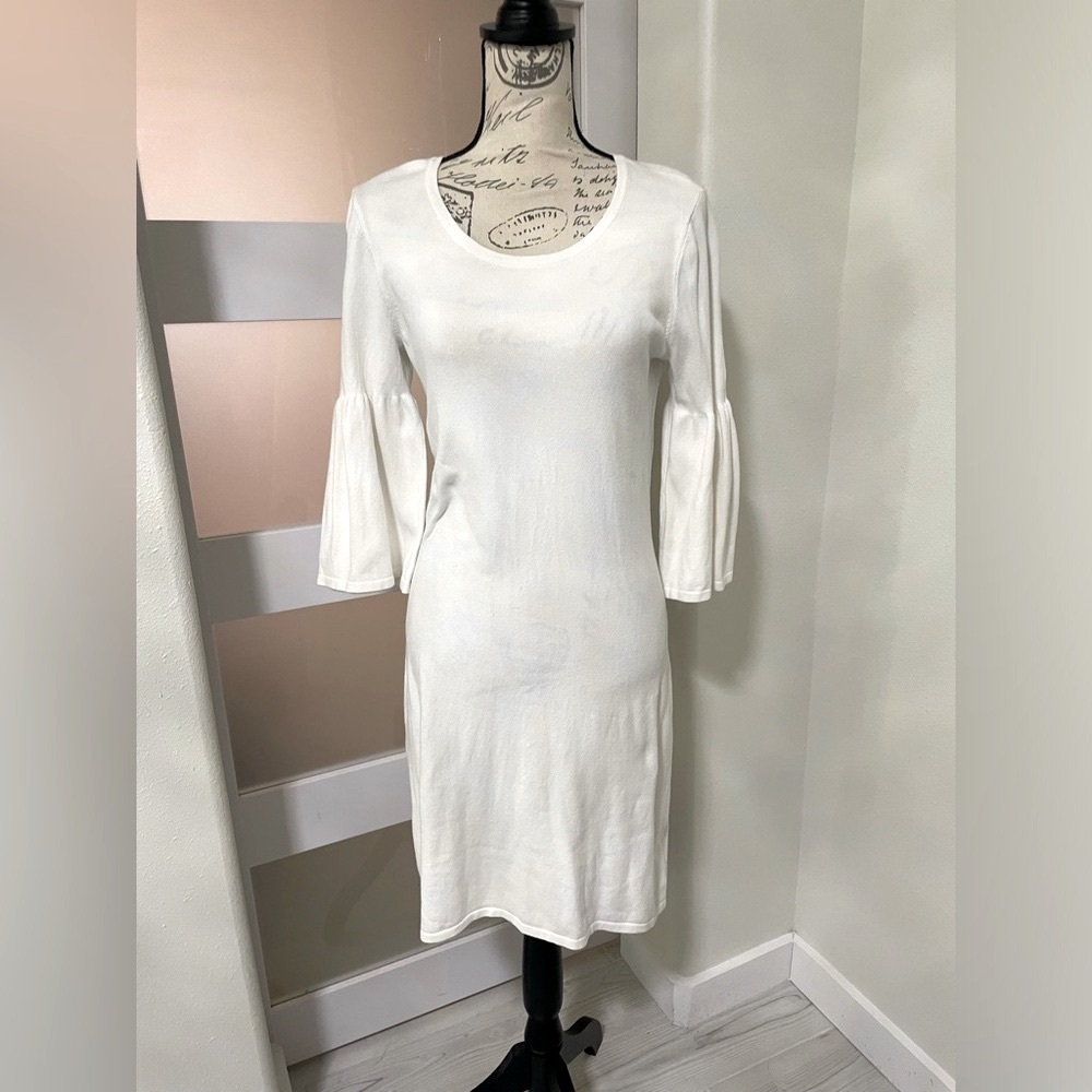 💎 Sail to Sable White Knee-Length Bell Sleeve Sheath Dress EUC